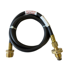 Gas hose with brass fittings on black.