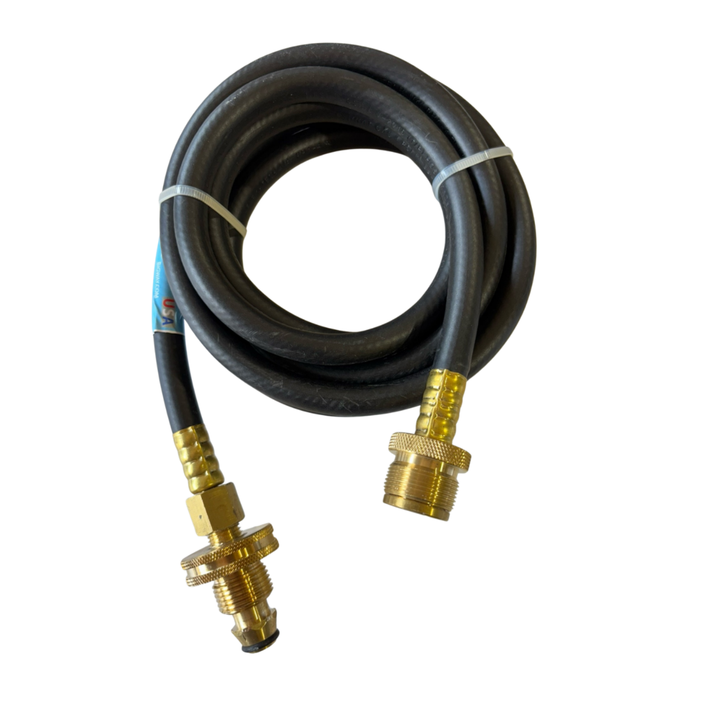 Black hose with brass fittings, coiled neatly.