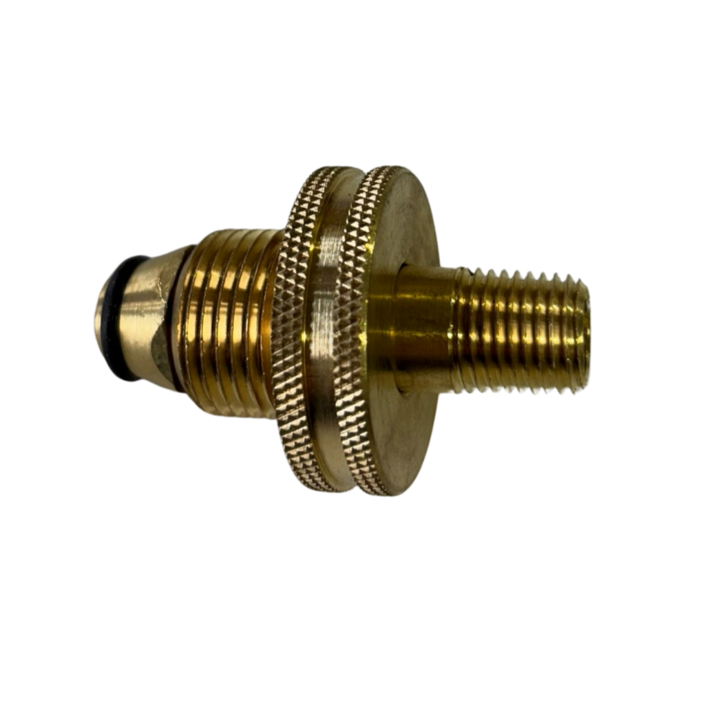 Brass threaded adapter on black background.