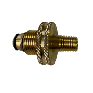 Brass threaded adapter on black background.