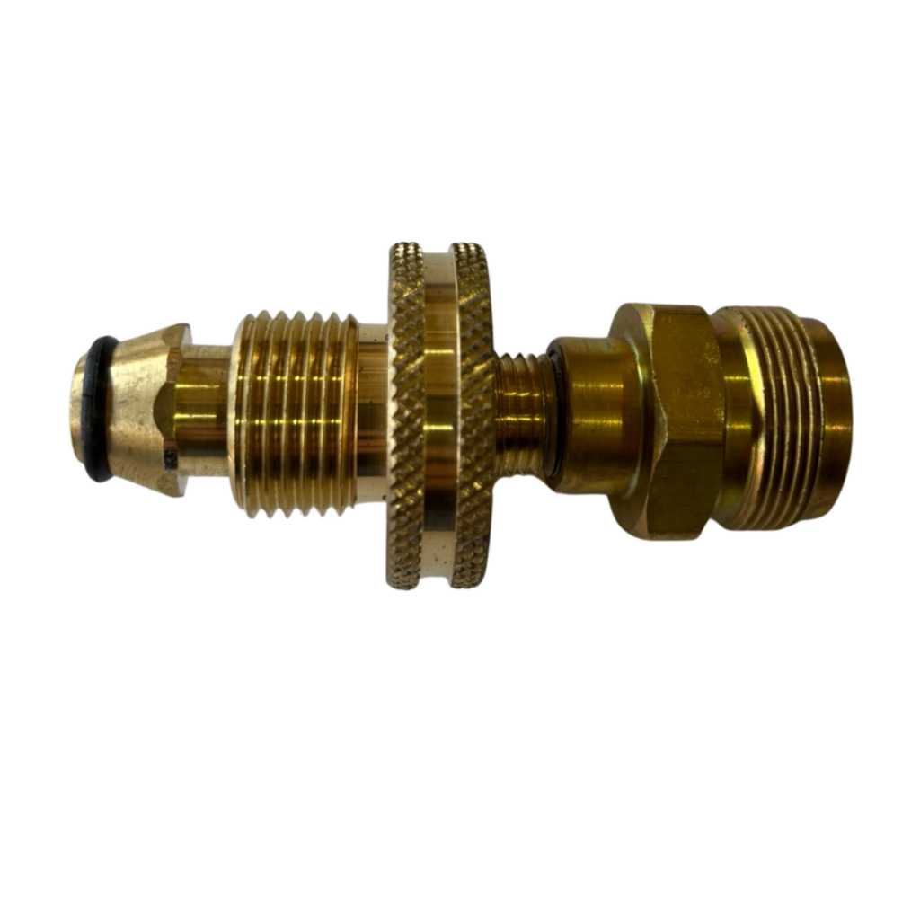 Brass fitting against black background, side view.