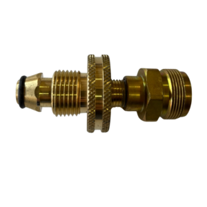 Brass fitting against black background, side view.