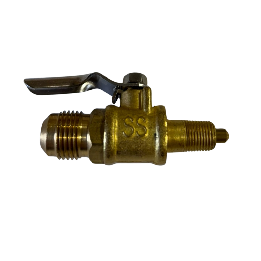 Brass valve with lever handle, black background.
