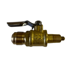 Brass valve with lever handle, black background.
