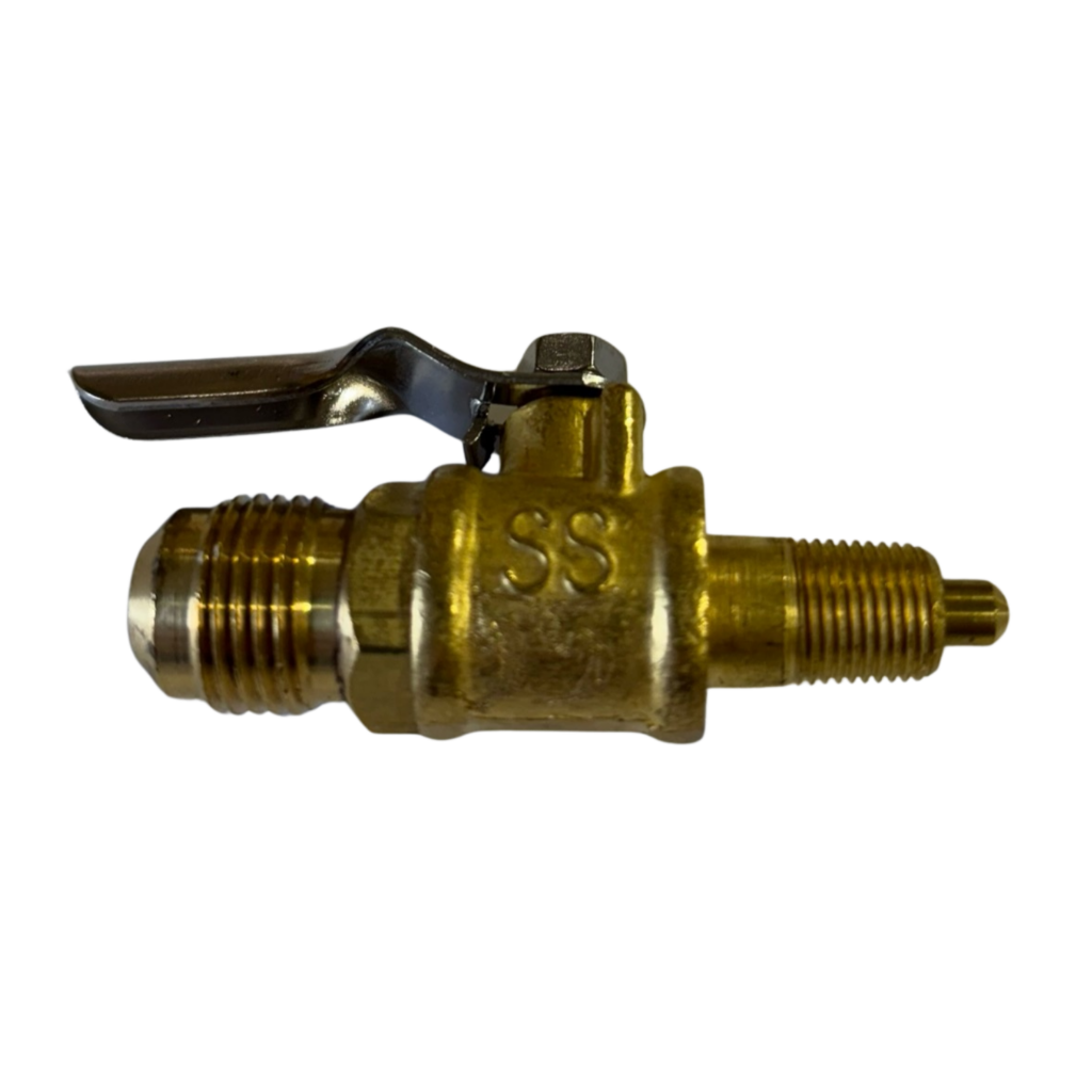 Brass valve with lever handle on black.
