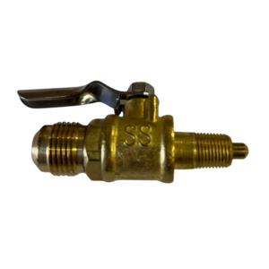 Brass valve with lever handle on black.