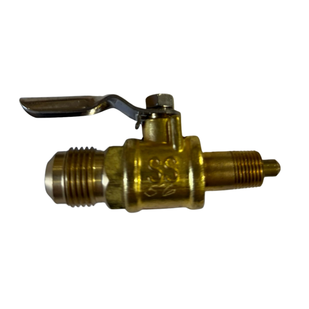 Brass valve with lever handle, black background.