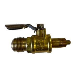 Brass valve with lever handle, black background.