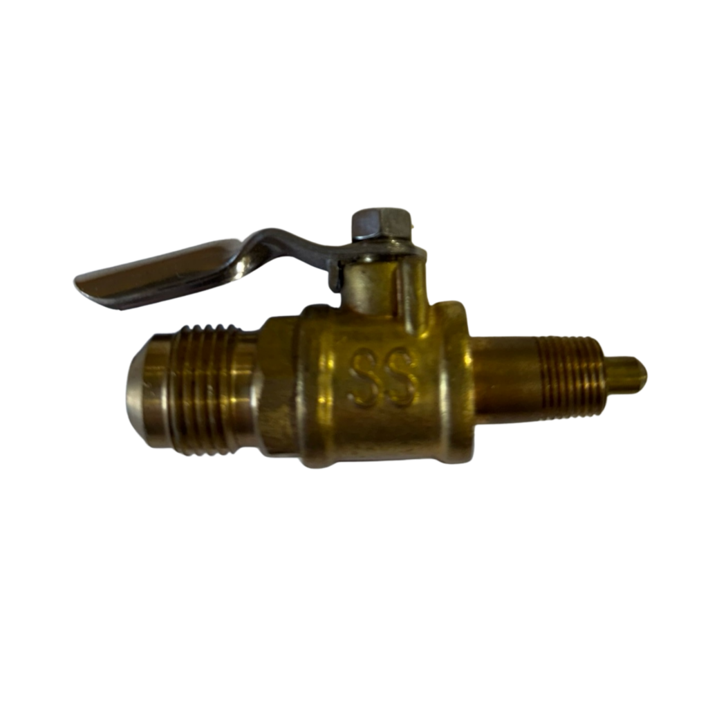 Brass valve with lever handle on black.