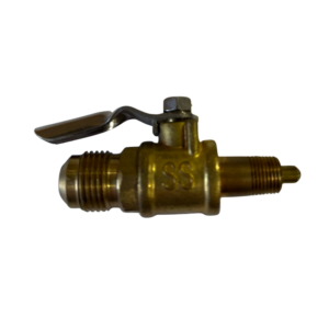 Brass valve with lever handle on black.