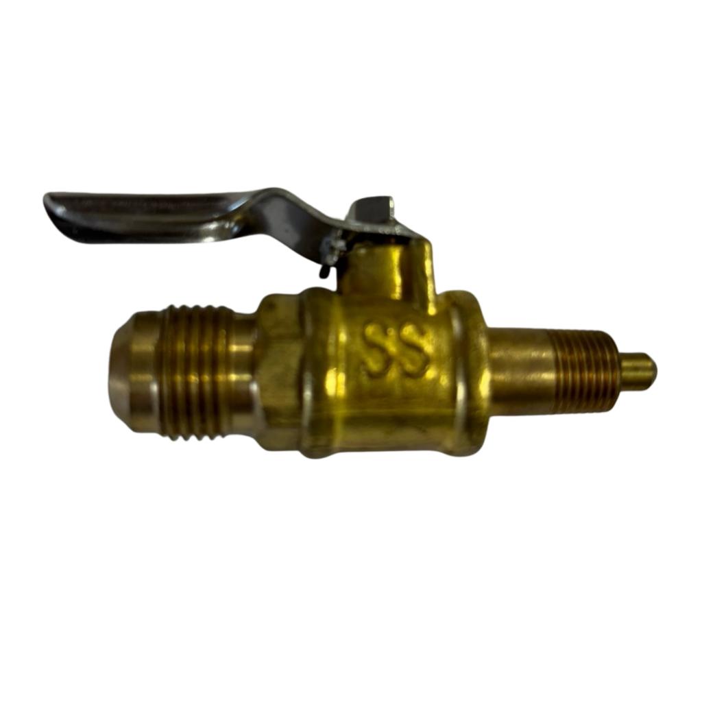 Brass valve with lever handle on black.