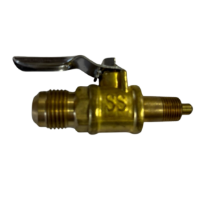 Brass valve with lever handle on black.