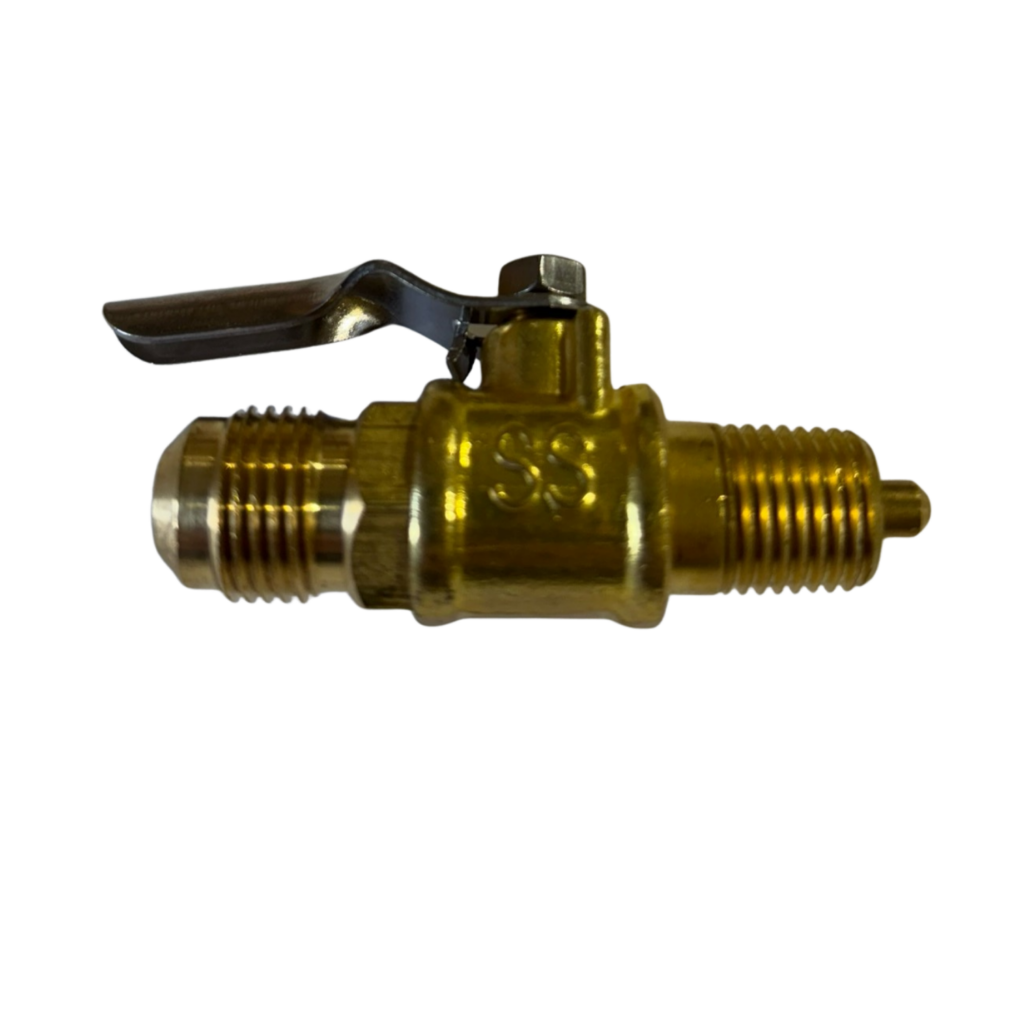 Brass valve with lever on black background.