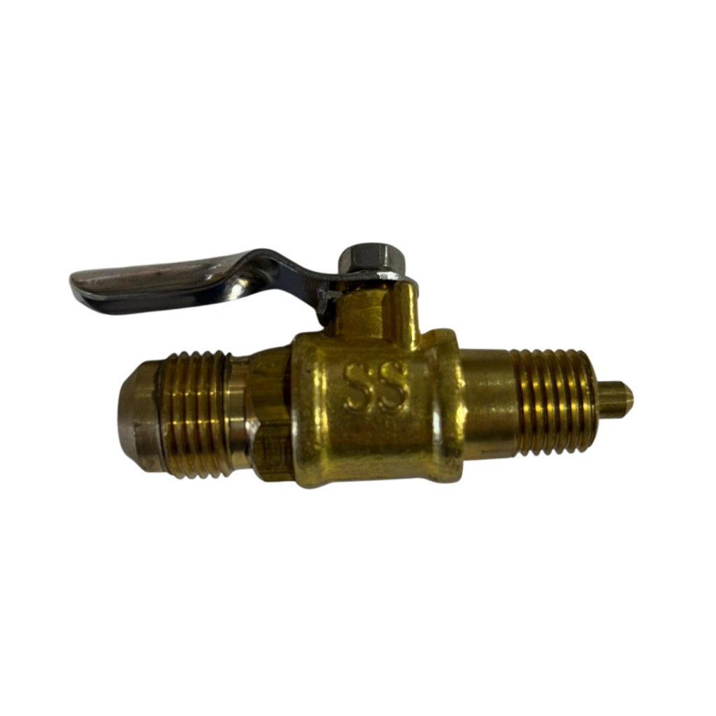 Brass valve with metal lever handle.